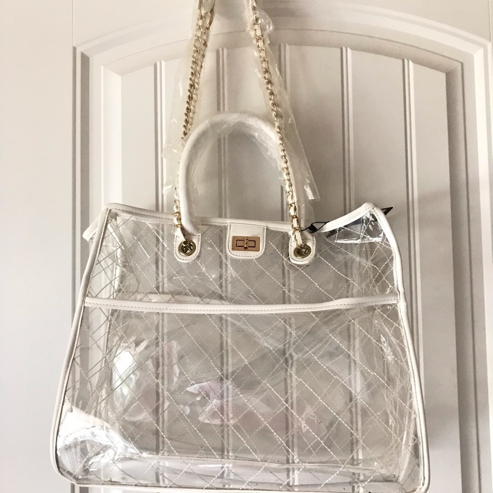 Clear Quilt Pattern Tote with White Trim and Gold Chain Handles